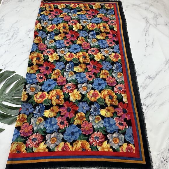 Charter Club Vintage 90s Wool Scarf Black Colorful Floral Large Square - Picture 2 of 4